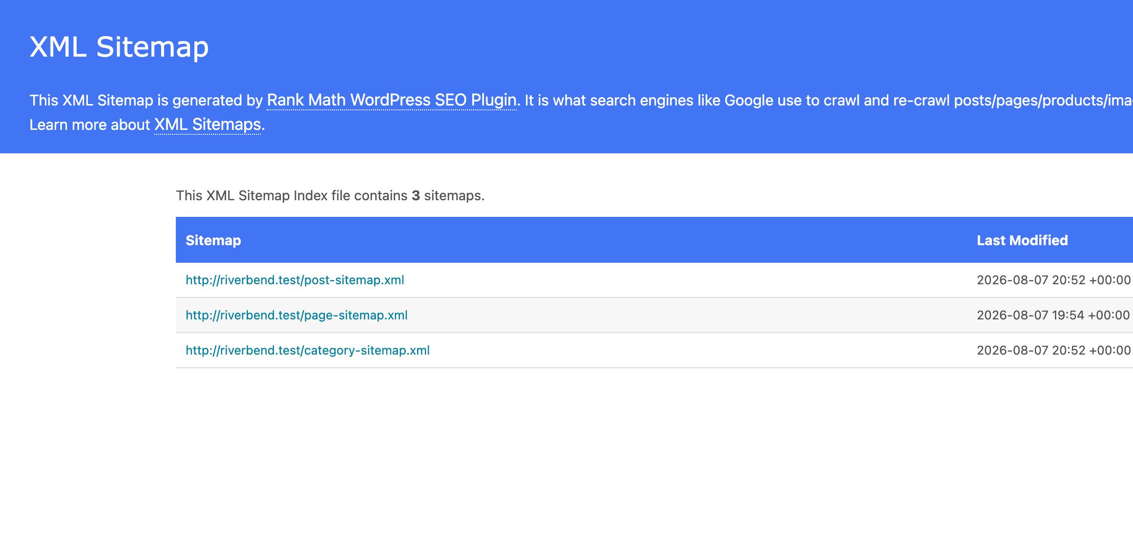 A Rank Math XML sitemap index open in a browser, listing the post, page and category sitemaps