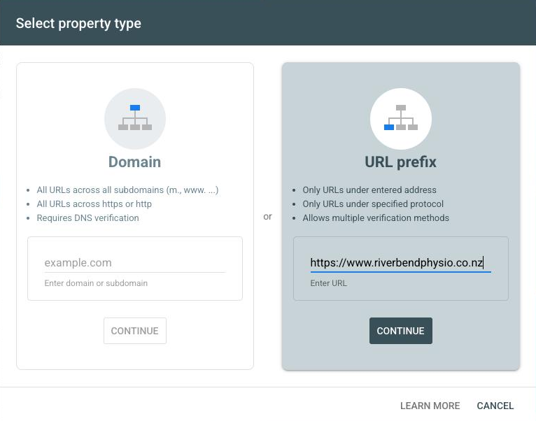 The Search Console dialog for choosing between a Domain property and a URL prefix property