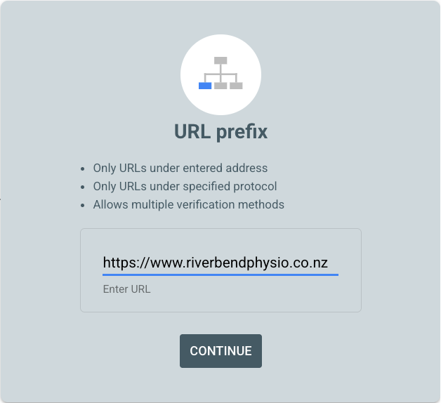 The URL prefix field in Search Console with a full website address entered