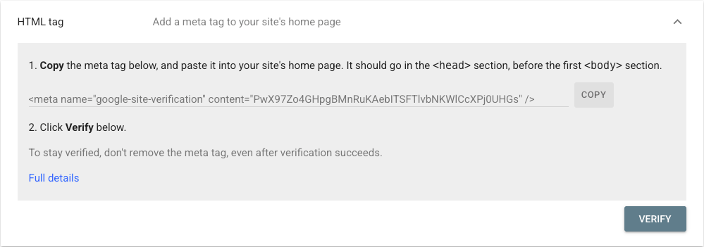 The HTML tag verification method expanded in Search Console, showing the google-site-verification meta tag