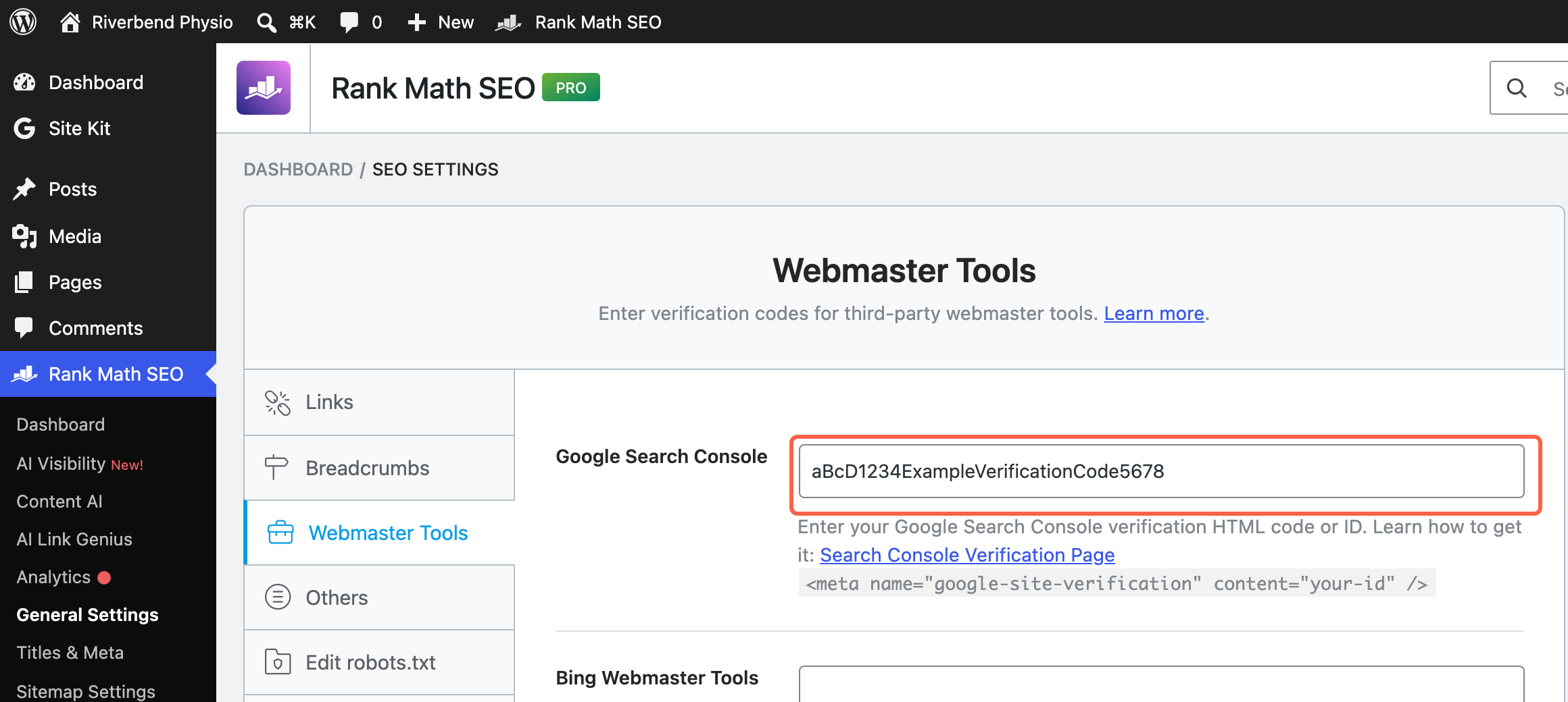 The Webmaster Tools tab in Rank Math with a verification code pasted into the Google Search Console field