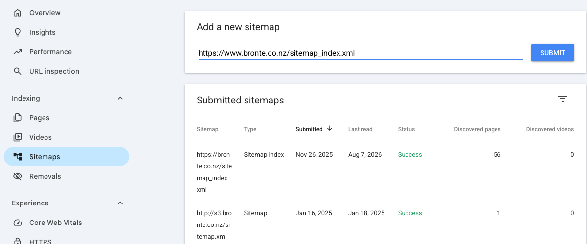 The Sitemaps report in Search Console with a sitemap address entered ready to submit