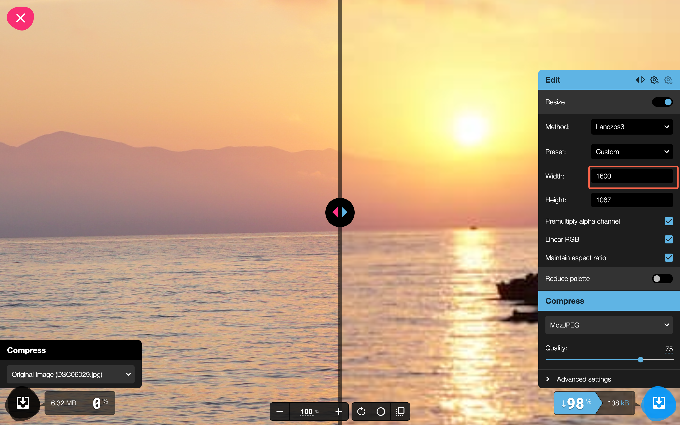 A photo open in Squoosh with the Resize panel showing and the width set to 1600 pixels