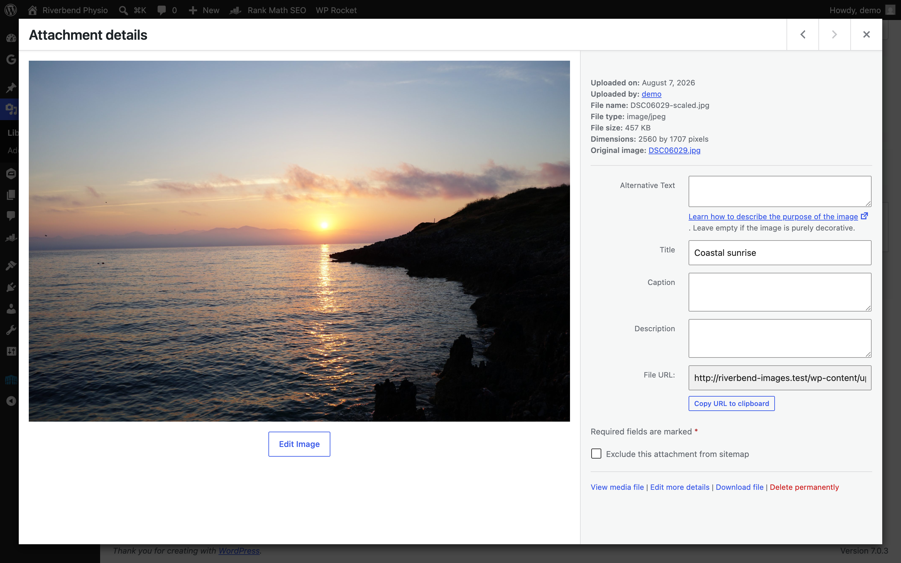 The WordPress Attachment details panel showing file name, file size and dimensions for an uploaded photo