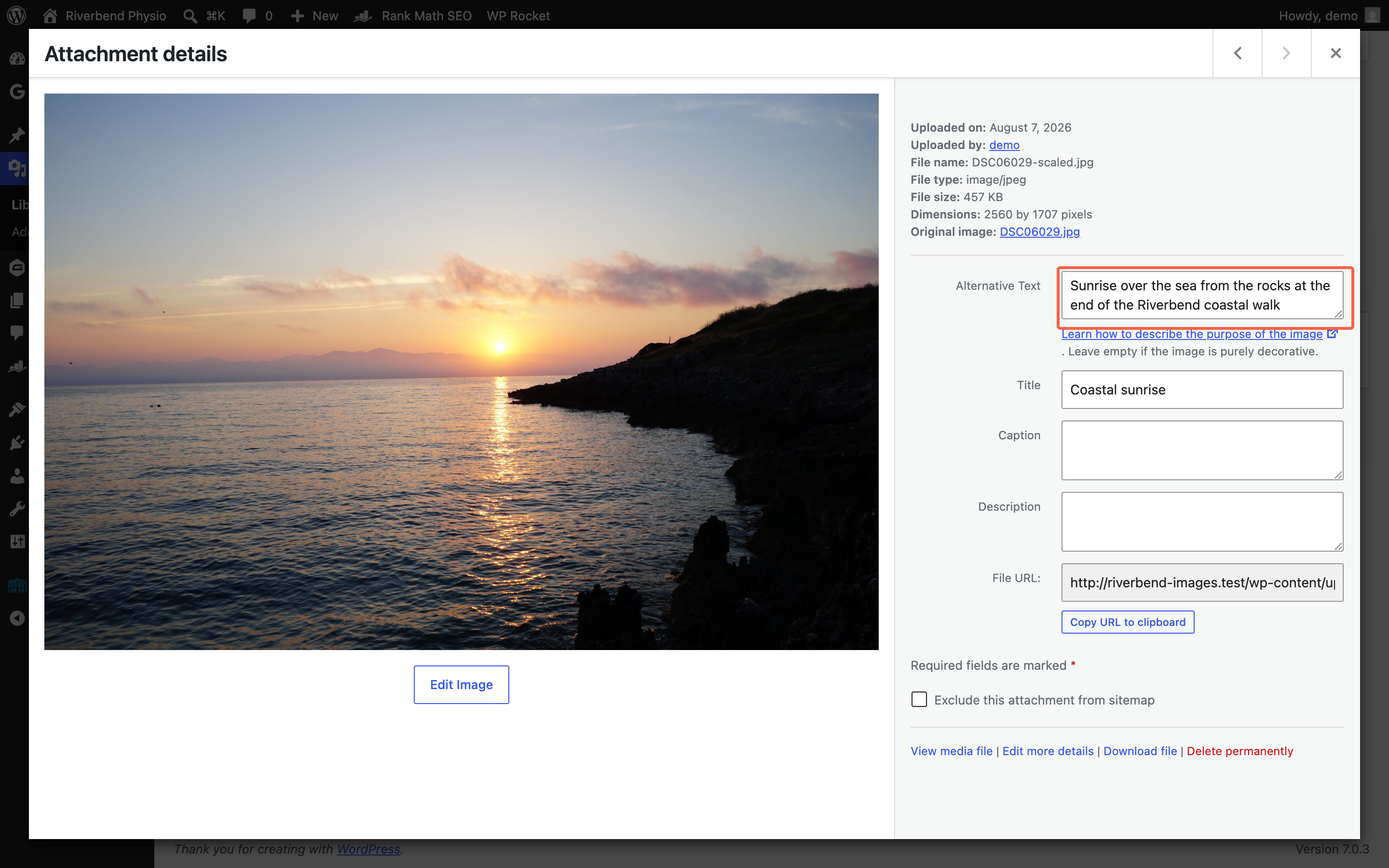 The Alternative Text box in WordPress Attachment details with a sentence describing the photo typed into it