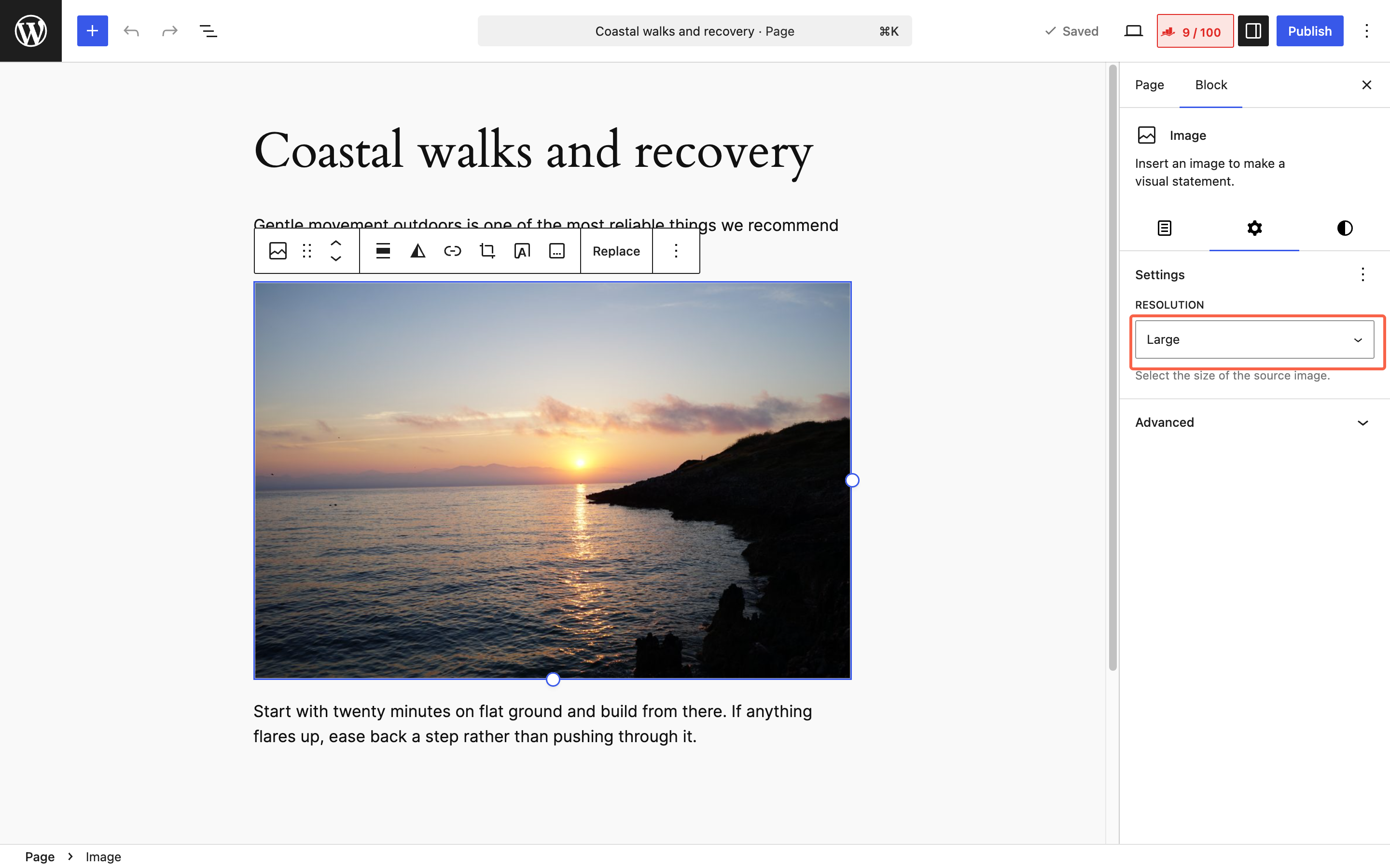 The WordPress editor with an image block selected and the Resolution setting showing in the panel on the right