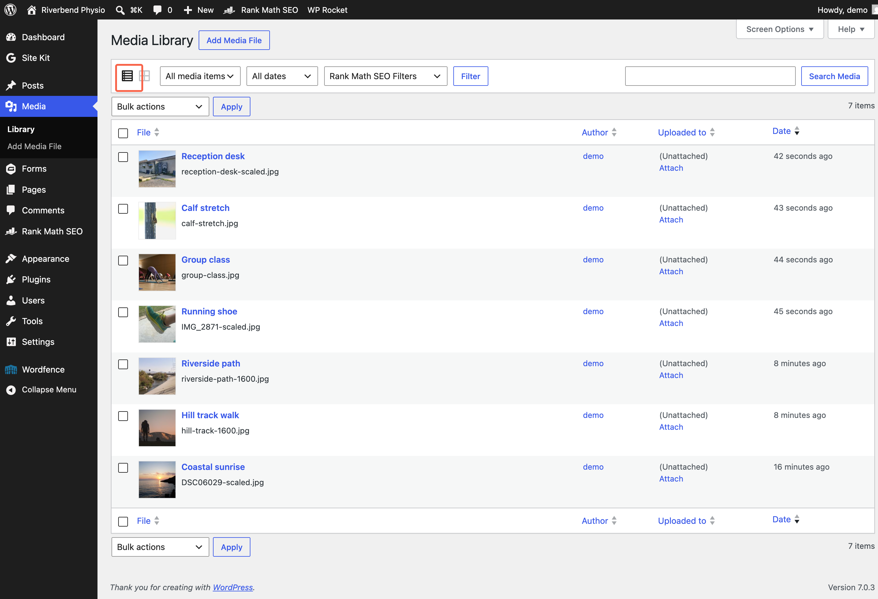 The WordPress Media Library in list view with the list view button highlighted and several file names ending in -scaled