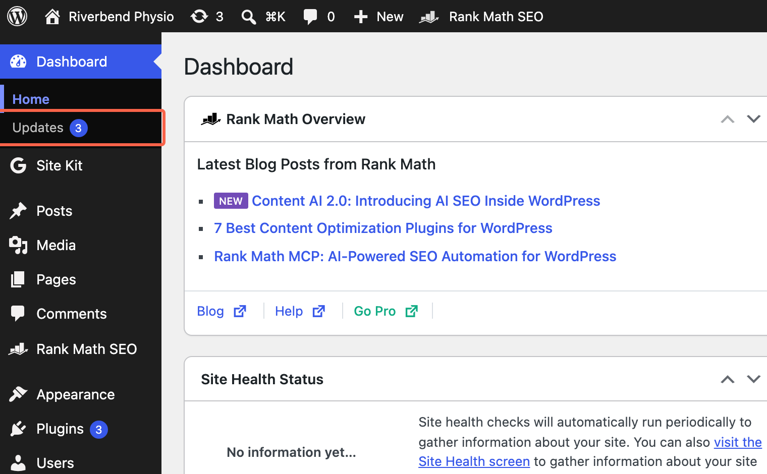 The WordPress left menu with Dashboard open and Updates showing a count of 3