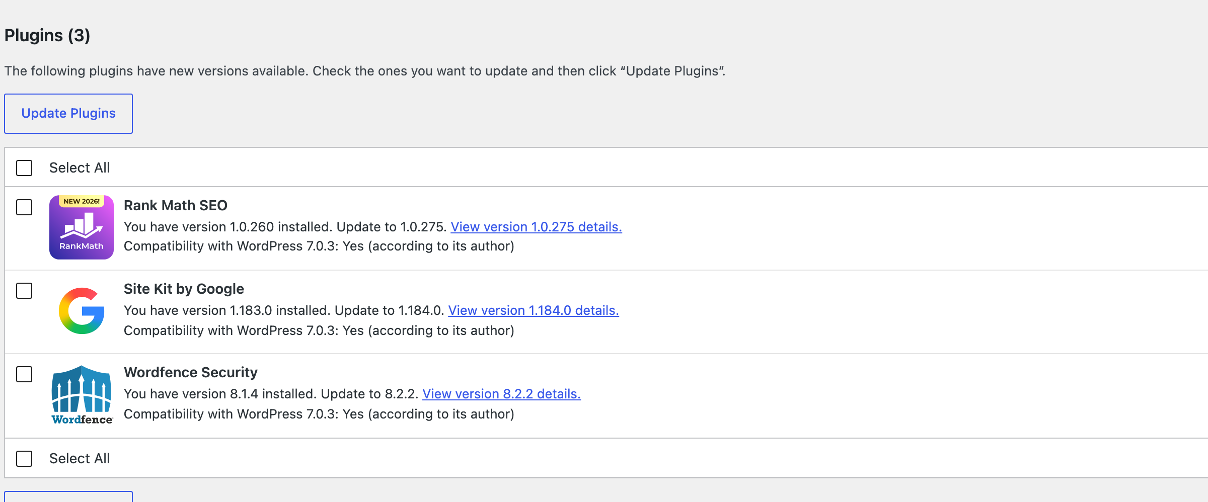 The Plugins section of the WordPress Updates screen listing three plugins with new versions available