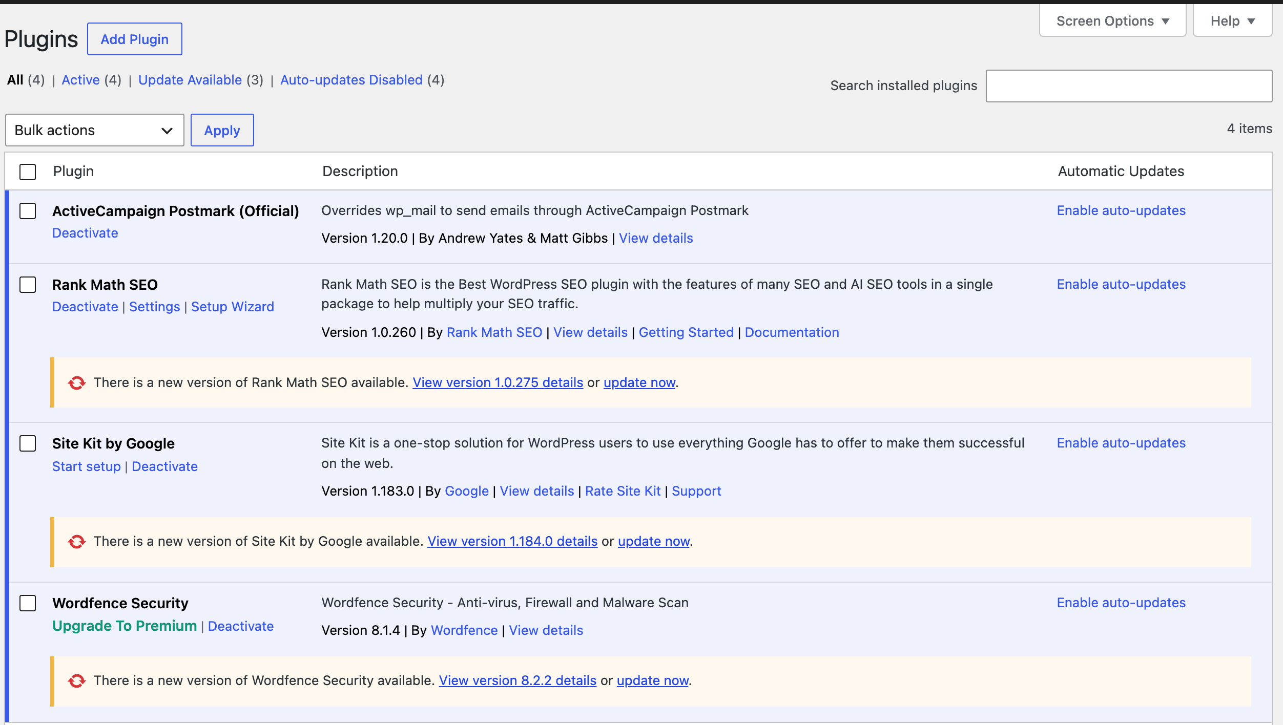 The WordPress Plugins screen with orange update notices under three of the plugins