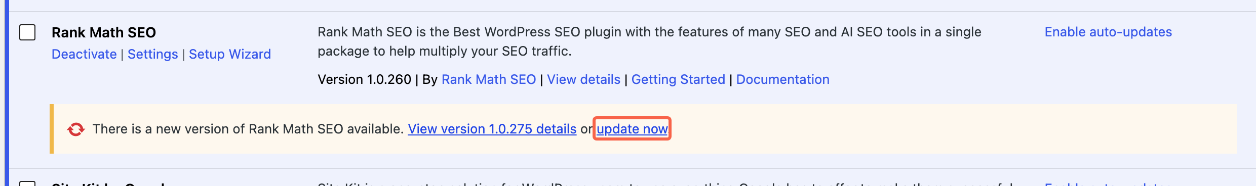 The orange update notice under a plugin on the Plugins screen with the update now link highlighted