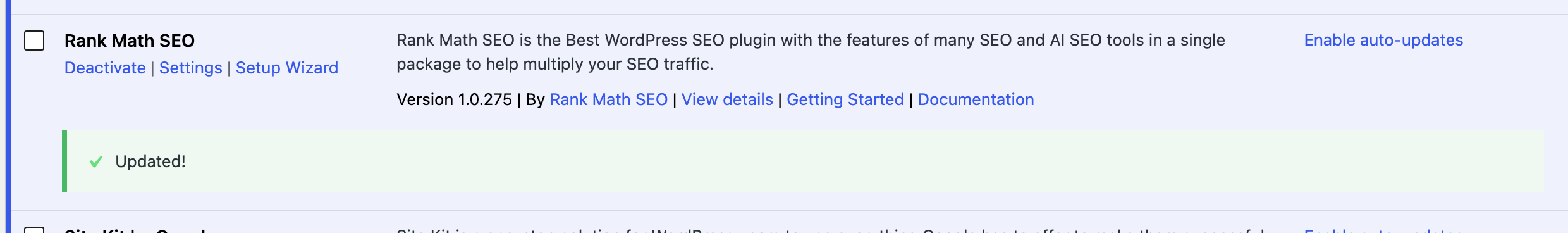 A plugin row on the Plugins screen showing the green Updated confirmation after a successful update
