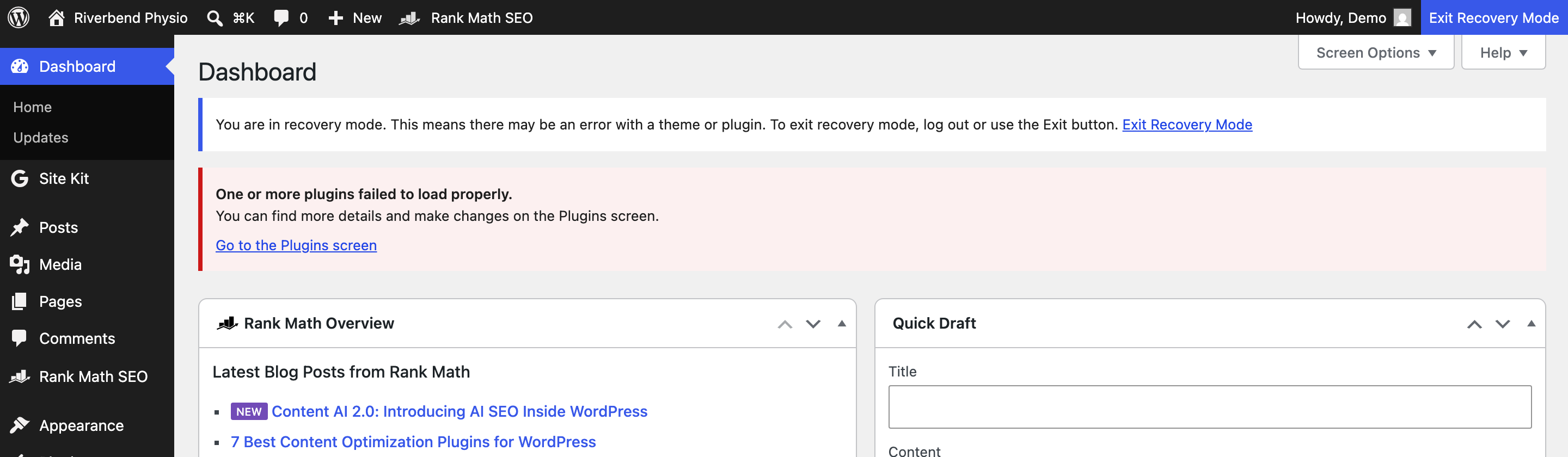 The recovery mode notice at the top of the WordPress dashboard with the Exit Recovery Mode button