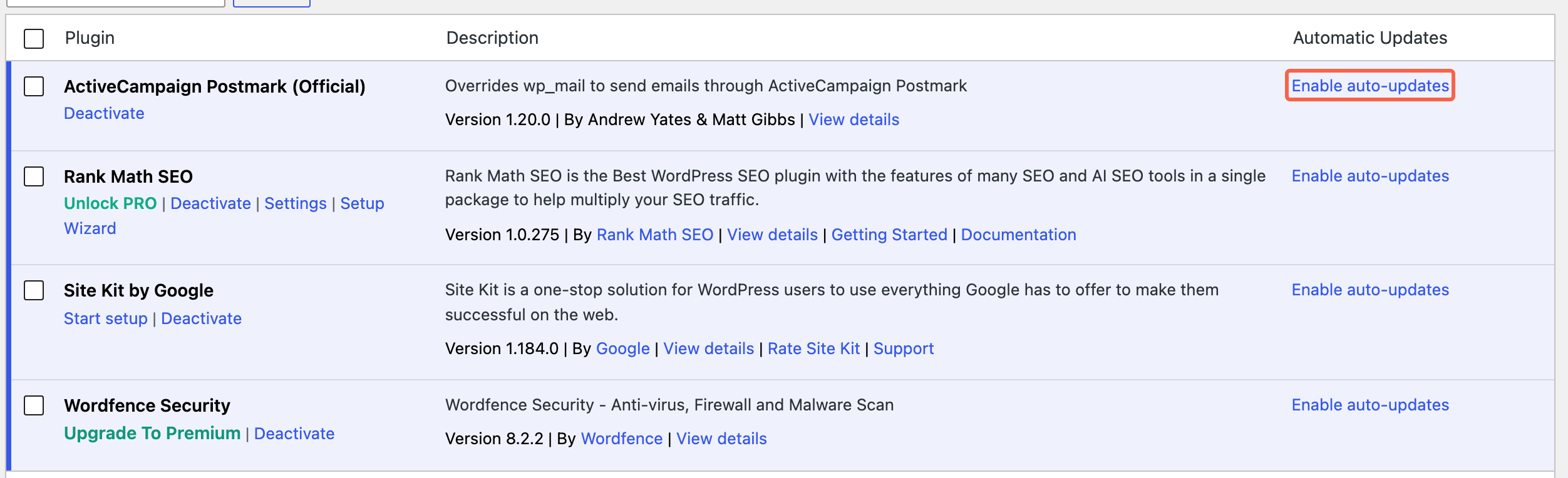 The Automatic Updates column on the WordPress Plugins screen with the Enable auto-updates link highlighted
