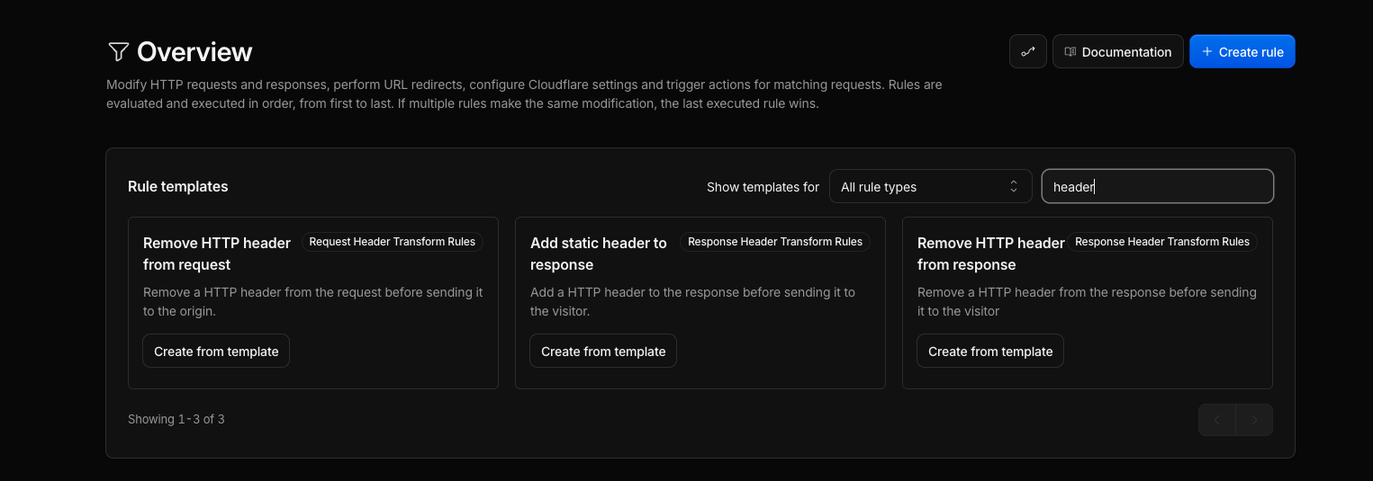 The Cloudflare rule templates filtered to header, showing the Add static header to response template