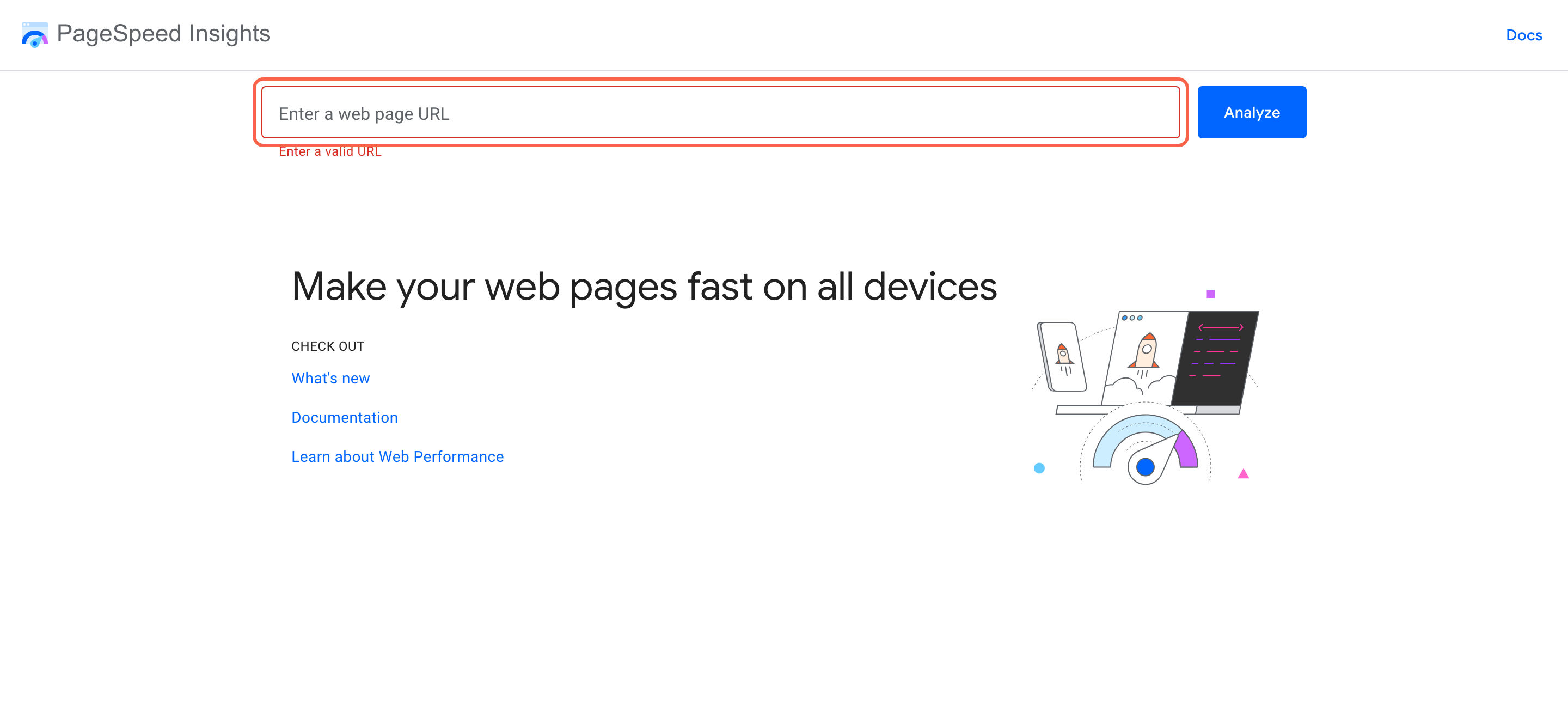 The PageSpeed Insights home page with the web address box highlighted and the Analyze button beside it