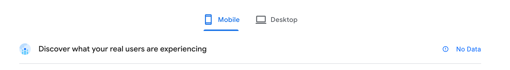 The real user panel in PageSpeed Insights showing No Data, with the Mobile and Desktop tabs above it