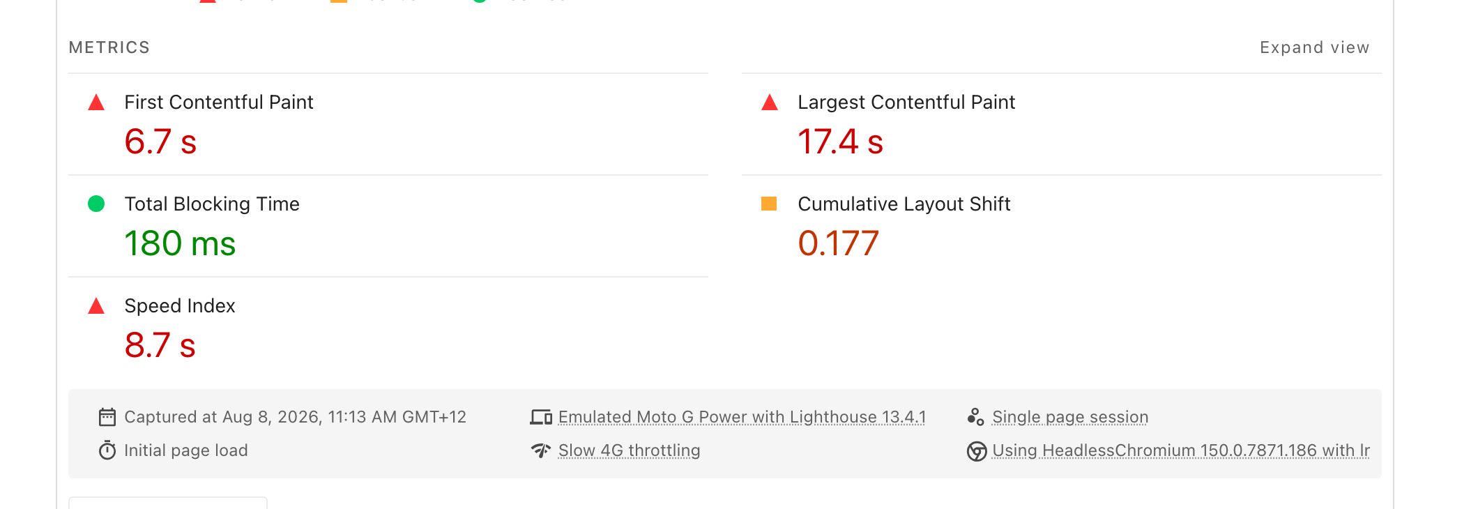 The five PageSpeed Insights measurements with their colour ratings, above the grey strip naming the simulated Moto G Power and Slow 4G throttling