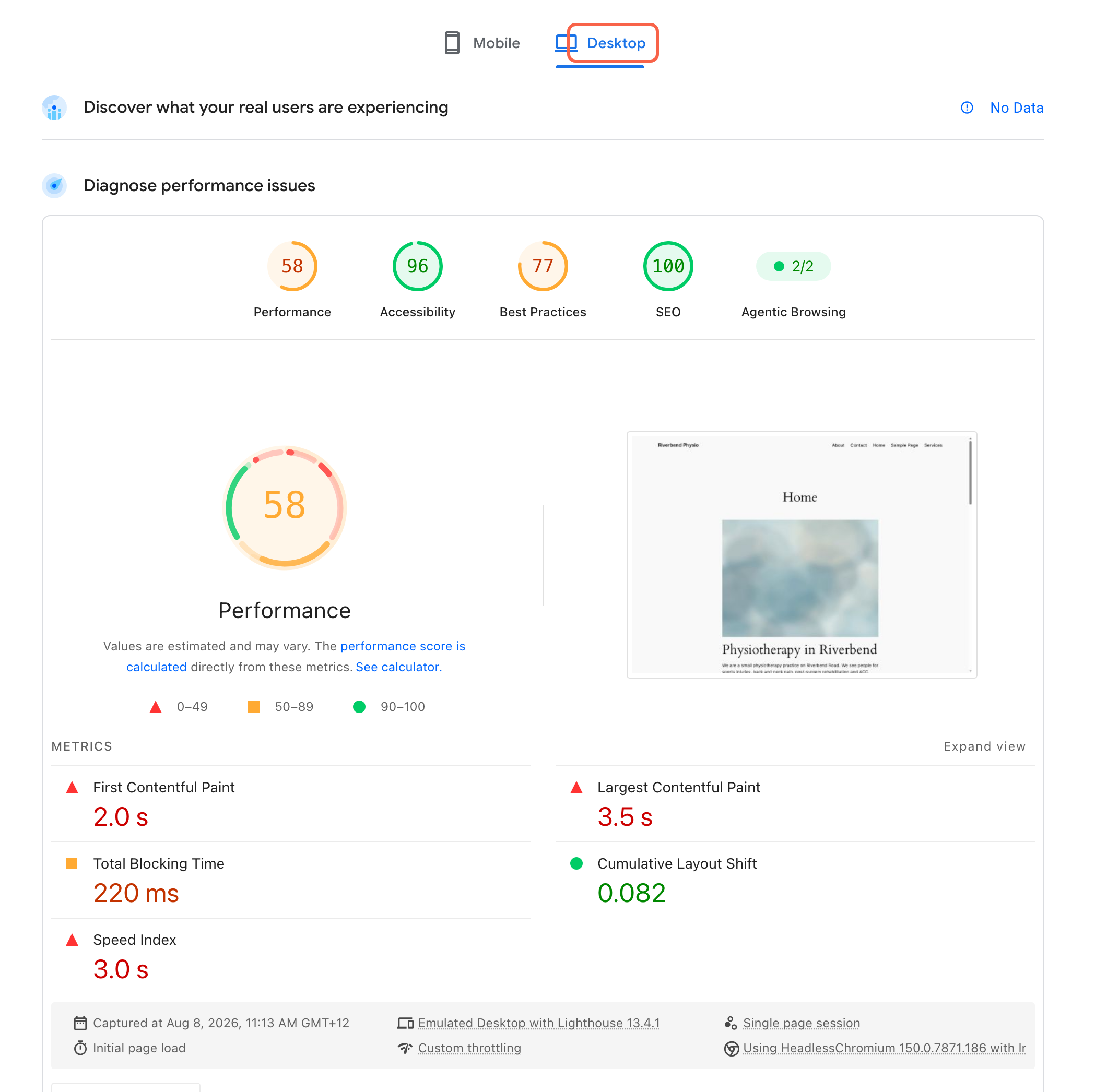 The Desktop tab highlighted at the top of a PageSpeed Insights report, showing a score of 58 against the same page's mobile score