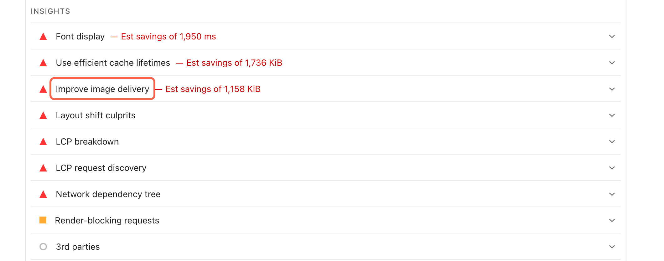 The Insights list in a PageSpeed Insights report with Improve image delivery highlighted, showing an estimated saving of 1,158 KiB
