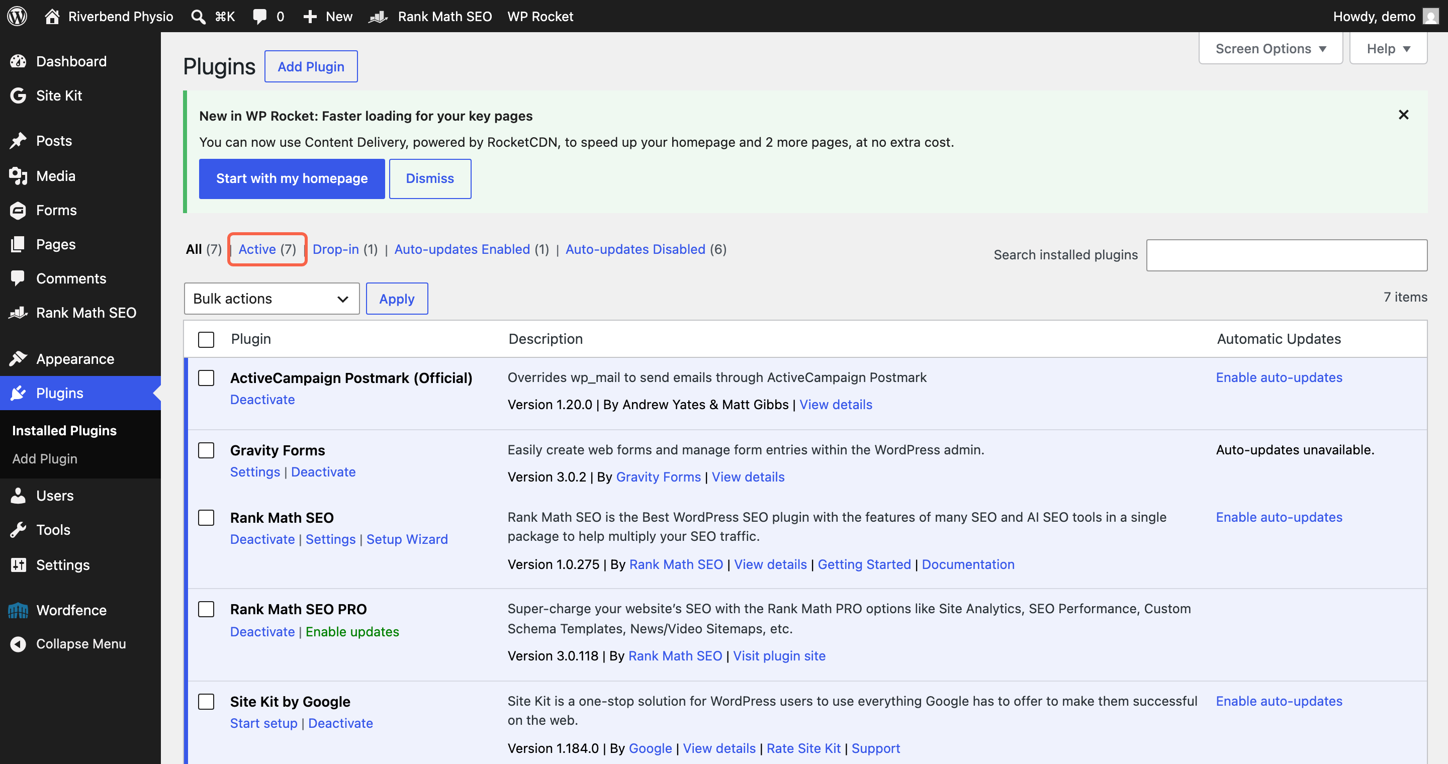The WordPress Plugins screen with the Active count highlighted at the top of the list