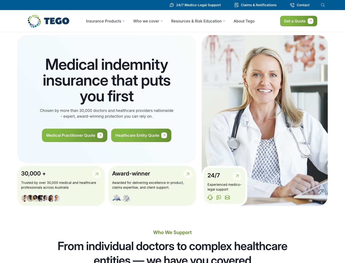 TEGO medical indemnity insurance website