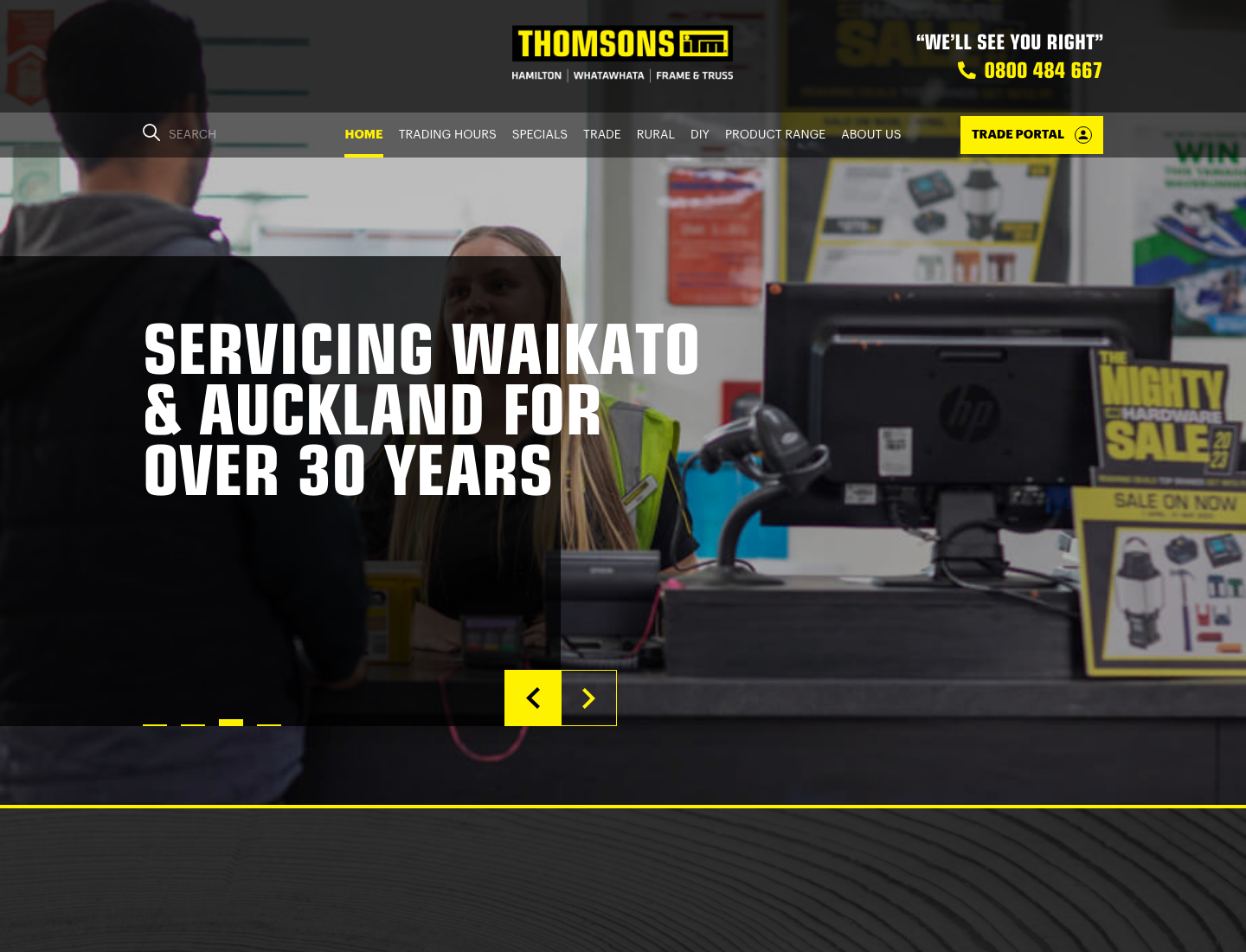 ThomsonsITM website showing building supplies and branch information