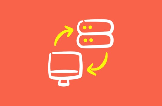 Illustration of a computer screen and a server with arrows between them, representing migrating a website from another CMS to WordPress