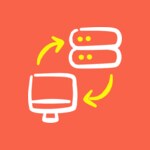 Illustration of a computer screen and a server with arrows between them, representing migrating a website from another CMS to WordPress