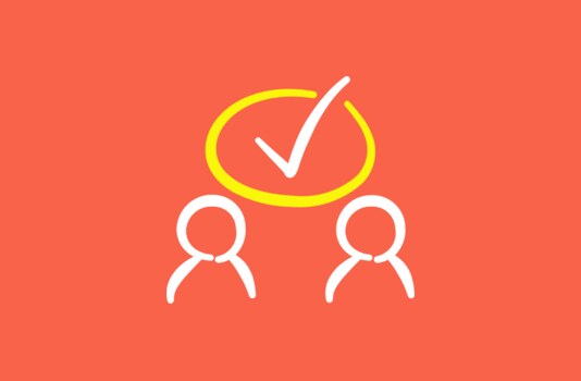 Illustration of two people with a large tick above them, representing what makes a good B2B website